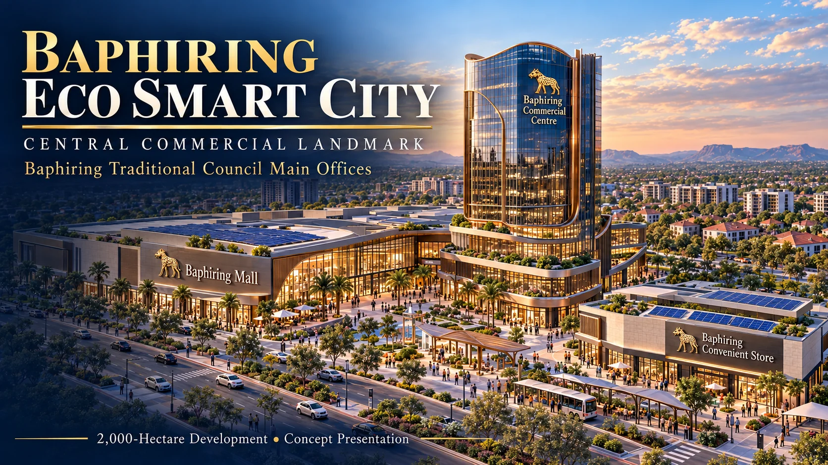 Aerial view of a proposed eco-estate landscape with open savanna and clustered low-rise development